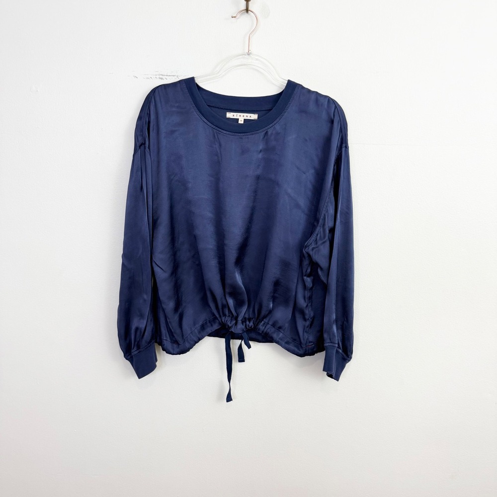 Xirena Navy Drawstring Hem Long Sleeve Blouson Top Size S